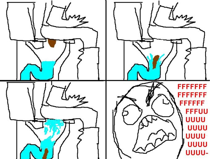 The original Rage Guy toilet-splashback rage comic — four MS Paint panels ending with the rage face screaming FFFFUUUU, posted anonymously to 4chan /b/ in 2008